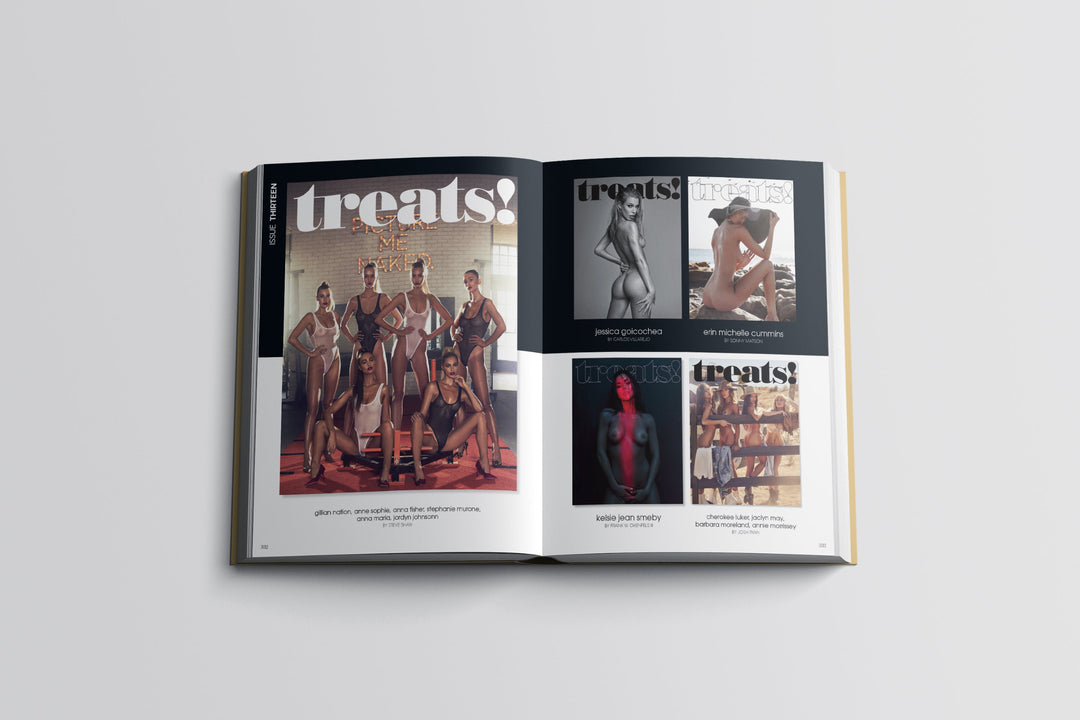 An open magazine or book spread displayed on a light gray background. The pages feature multiple fashion photos and the word "treats!" prominently visible on the cover and page headers.