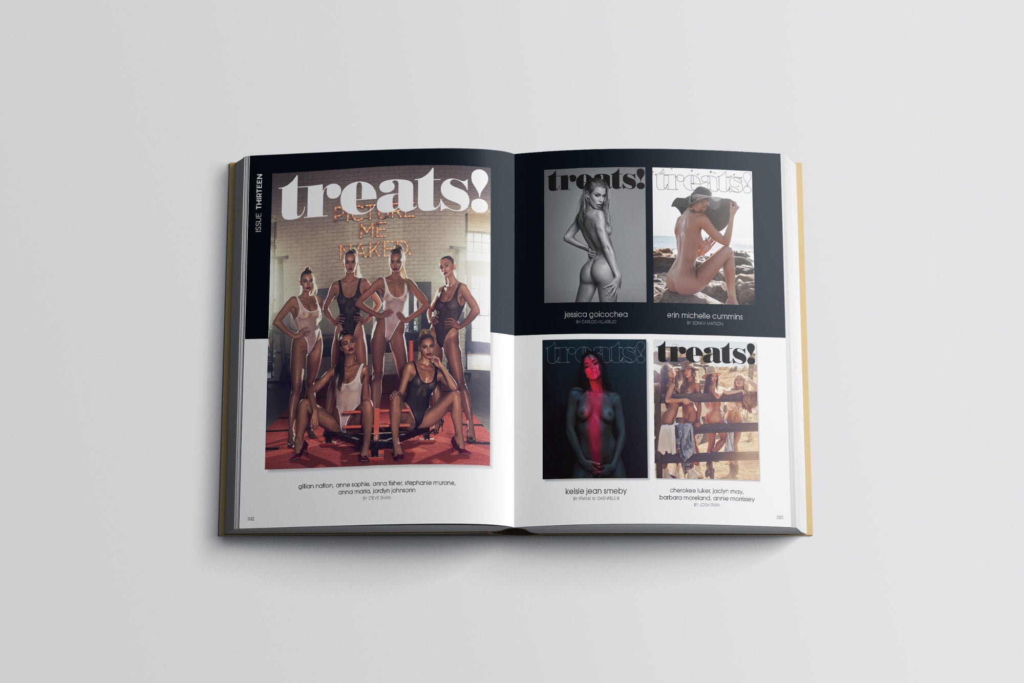 An open magazine or book spread displayed on a light gray background. The pages feature multiple fashion photos and the word "treats!" prominently visible on the cover and page headers.