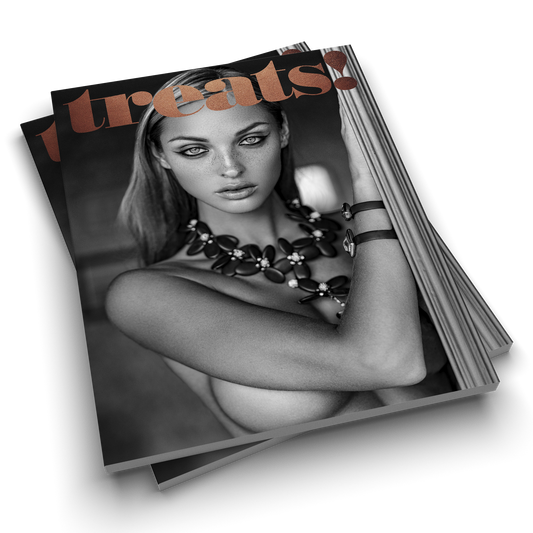 Magazine titled 'treats!' with a woman on the cover on a white background
