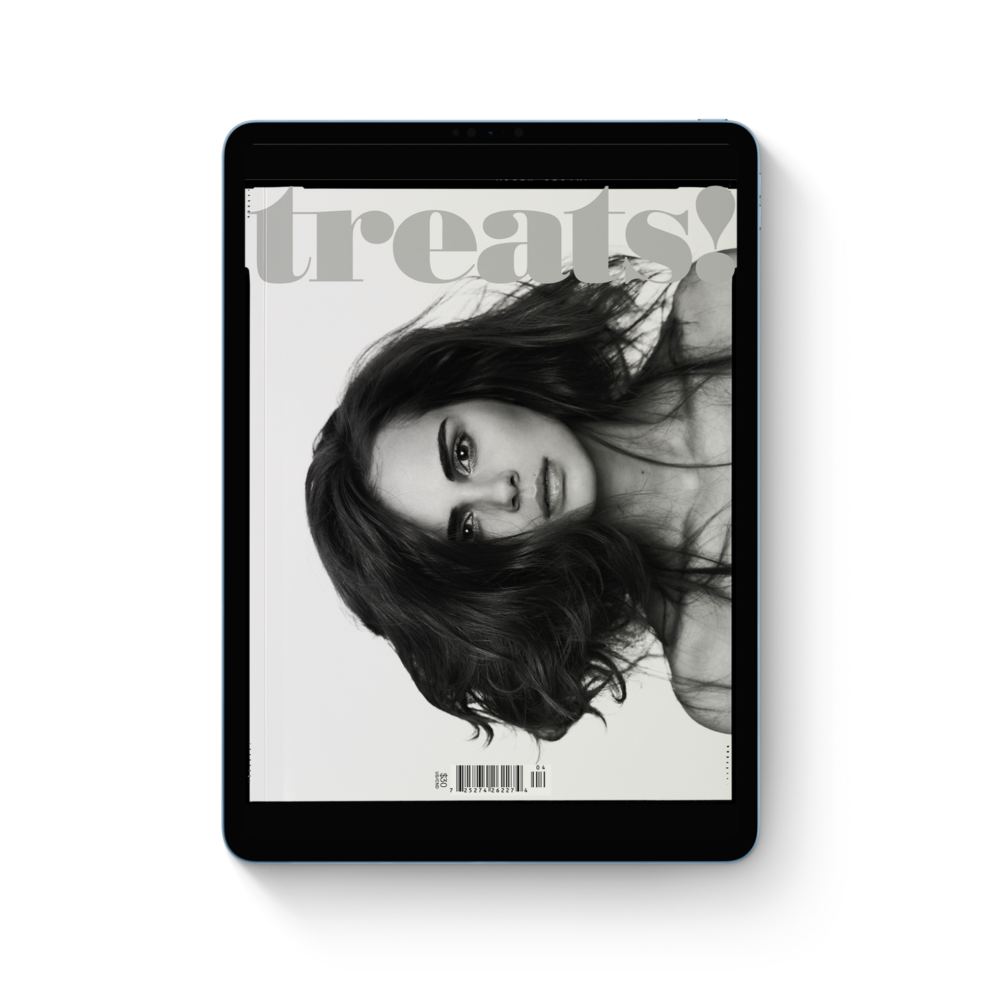 Digital magazine cover displayed on a tablet with 'treats!' branding.