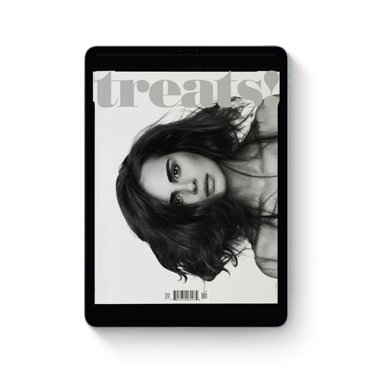Digital magazine cover displayed on a tablet with 'treats!' branding.